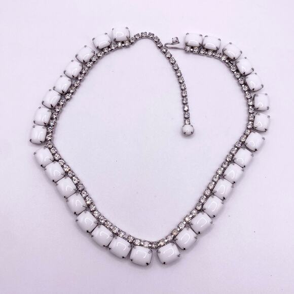 Delicate Vintage Milk Glass and Rhinestones Necklace 16” - Picture 4 of 5
